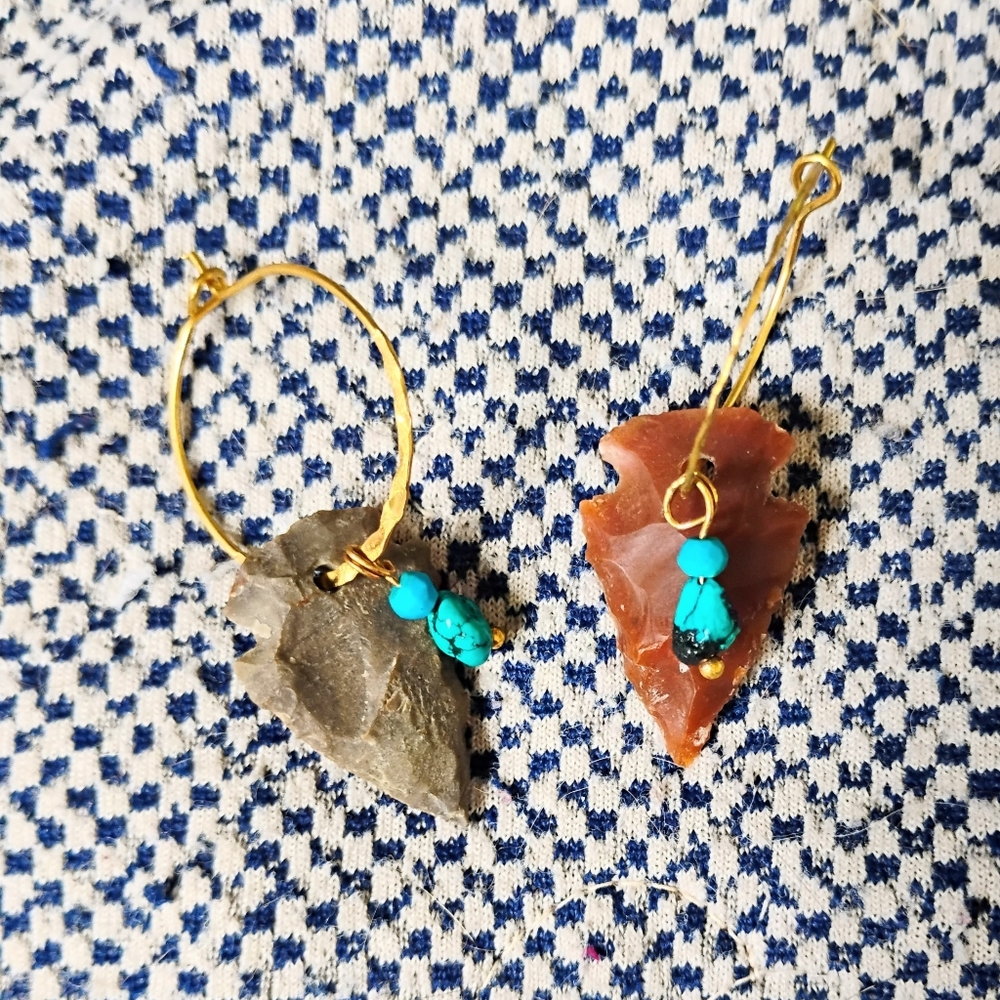 SOLD! Handmade Arrowhead And Turquoise Charm Hoops - Picture 2 of 5